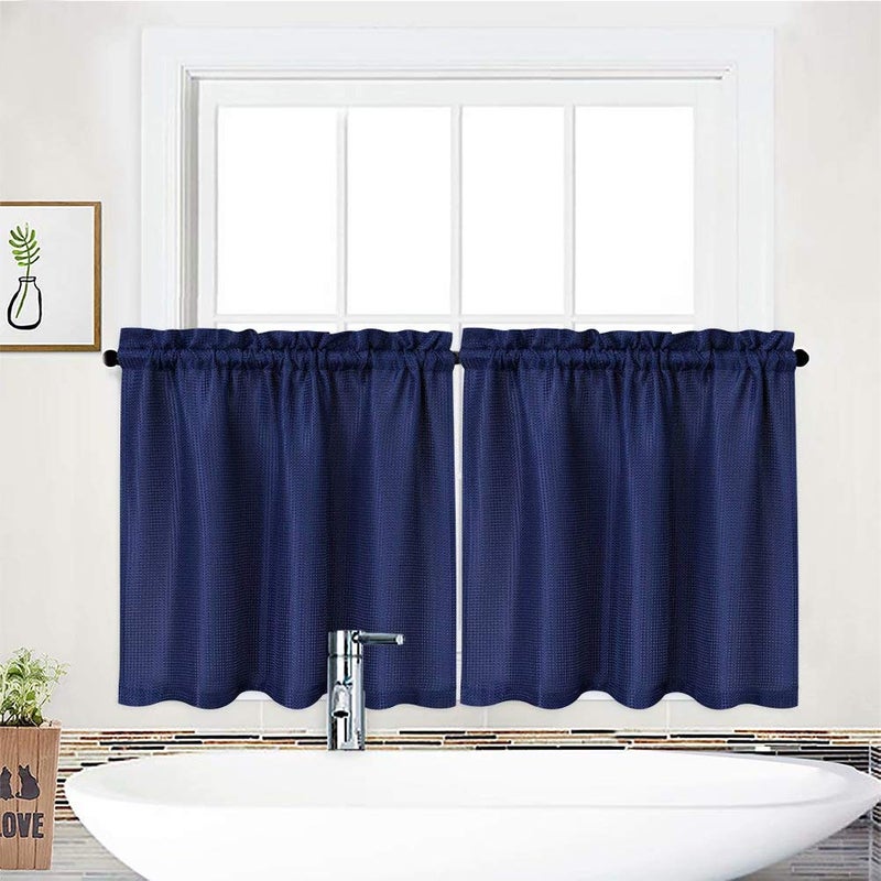 NANAN Kitchen Cafe Curtains,Waffle Weave Textured Tailored Short Curtains for Bathroom Waterproof Window Covering Tier Curtains - 30" x 36", Navy Blue, Set of 2 - Image 1